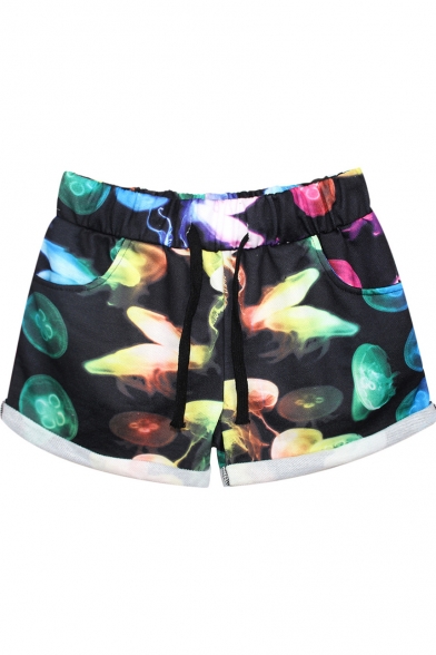 Hot Colorful Jellyfish Print Sports Shorts with Drawstring Waist