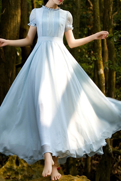 Light Blue Short Sleeve Pleated Tiered Elegant Chiffon Princess Style Dress