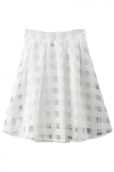 Plain High Waist Organza Plaid Skirt