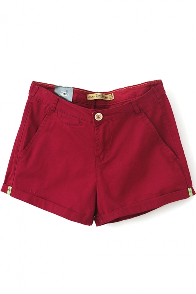 Red Plain Fitted Pocket Cotton Shorts - Beautifulhalo.com