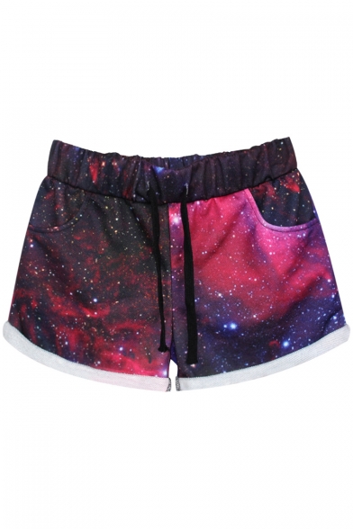 Red Starry Sky Print Sports Shorts with Drawstring Waist