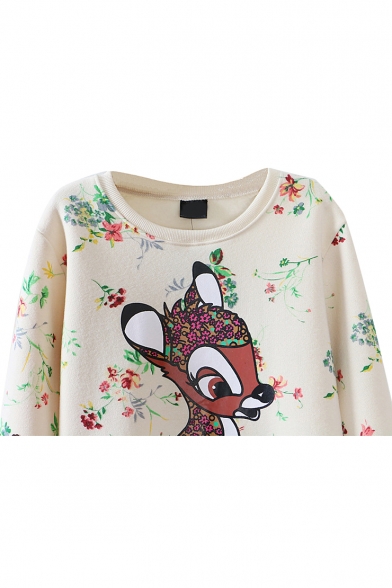 Round Neck Cute Deer and Floral Print Long Sleeve Sweatshirt