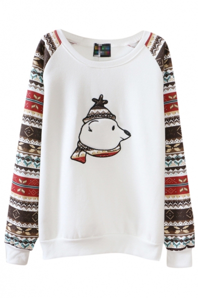 Round Neck Polar Bear Embroidered Sweatshirt with Geo-Tribal Print Raglan Sleeve