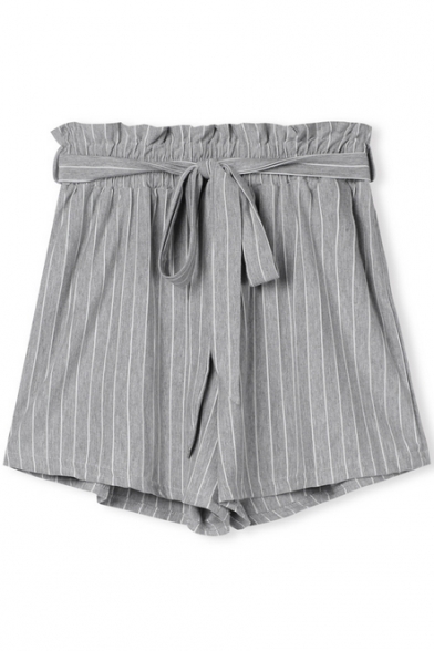 Striped Elastic Waist Belted Casual Shorts
