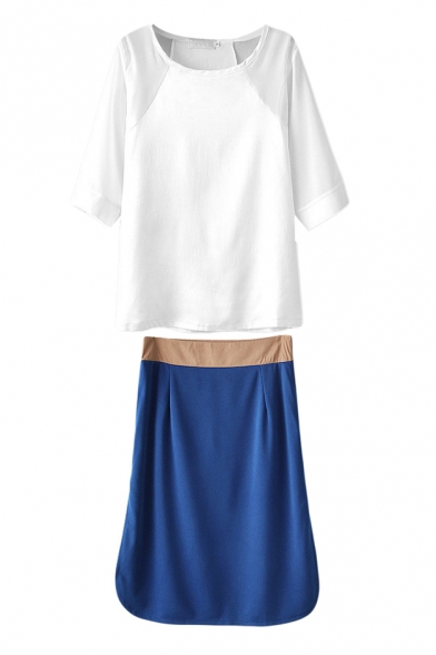 White 1/2 Sleeve Round Neck Top with Blue Contrast Trim Skirt
