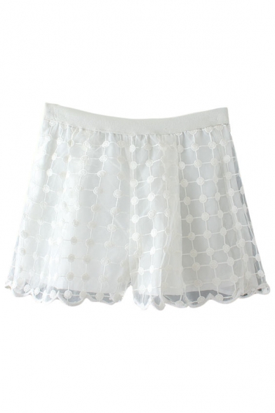 White Organza Checker Embroidered Shorts