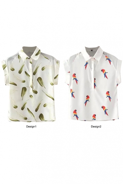 Birds&Feather Print Roll Cuff Sleeve Shirt