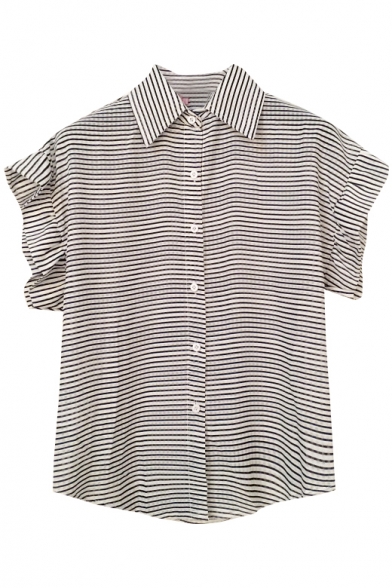 Black Striped Point Collar Ruffled Short Sleeve Shirt