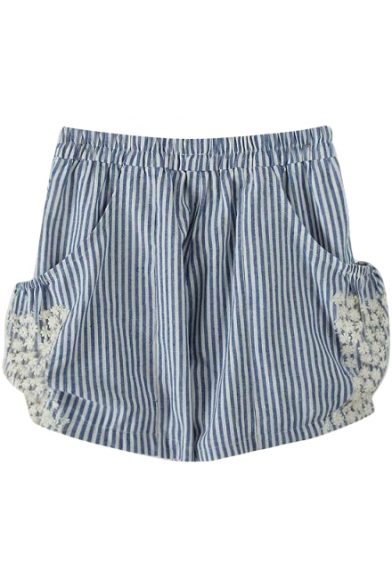 Blue Vertical Stripe Double Side Pockets Lace Insert Shorts
