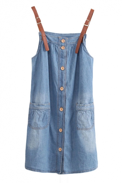 Button Fly Double Pockets Leather Buckle Denim Overall Dress