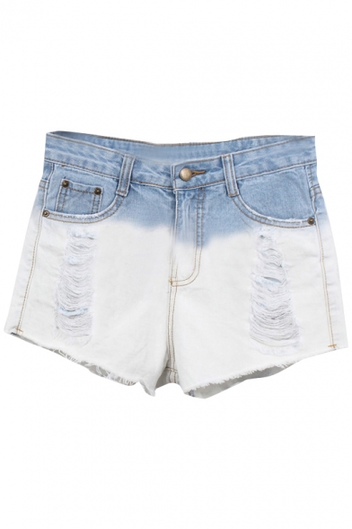 Color Block Frayed Cuff Fitted Denim Shorts