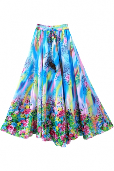 Colorful Floral Rainbow Print Elastic Full Skirt