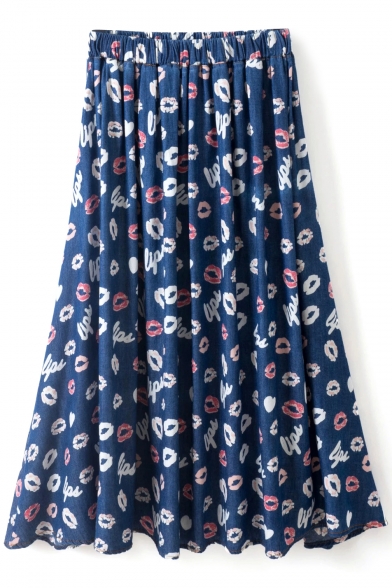 Navy Background All Over Lips Pattern A-line Midi Skirt