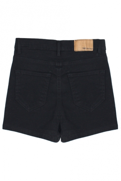 Plain Denim High Waist Shorts with Zipper Fly