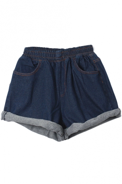 Plain High Elastic Waist Cuffed Denim Shorts - Beautifulhalo.com