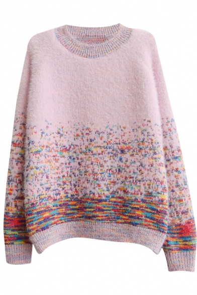 Rainbow Style Colorful Thread Long Sleeve Sweater with Round Neck ...