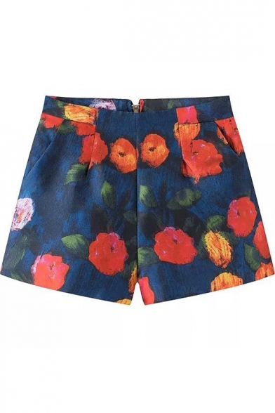 Red Floral Print Zipper Loose Shorts