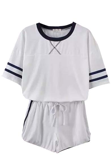 White Striped T-Shirt with Shorts Sports Co-ords