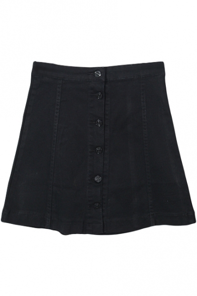 Black Button Front Plain Short Denim Full Skirt