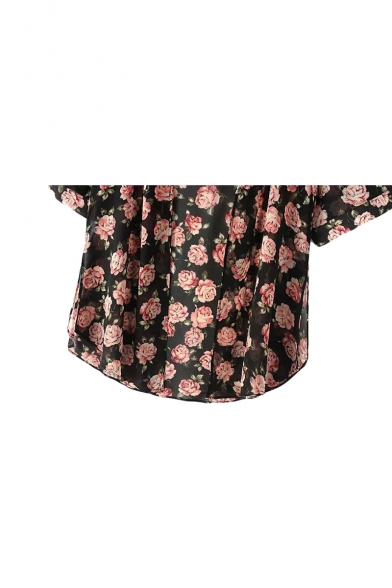 Black Collarless Rose Print Half Sleeve Kimono