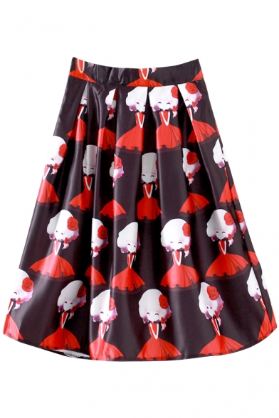 Black High Waist Girl Print Midi Full Skirt - Beautifulhalo.com