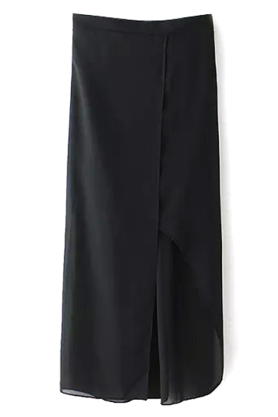 Black High Waist Split Front Chiffon Tube Skirt