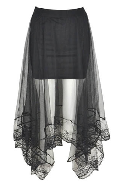 Black Mesh Insert Asymmetrical Hem Elastic Skirt