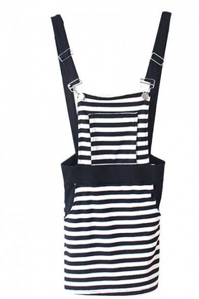 Black Striped Print Cotton Cute Overall Dress