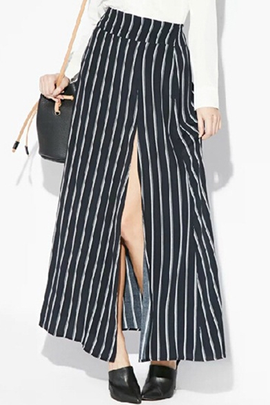 Black Striped Side Split Loose Maxi Skirt