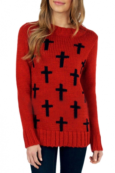 Boyfriend Cross Print Chunky Knit Sweater with Round Neck
