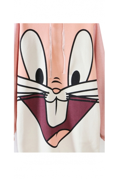 Bunny Print Long Sleeve Longline Hoodie with Rabbit Ear Embellished