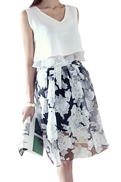 Chiffon V-Neck Sleeveless Top with Organza Flower Midi Skirt Co-ords