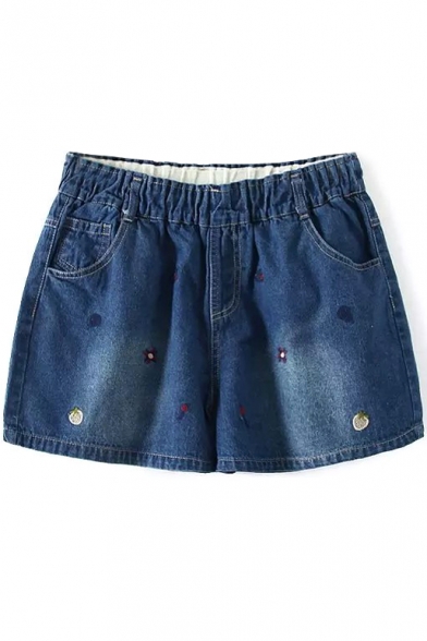 Dark Blue Strawberry Embroidered Denim Shorts