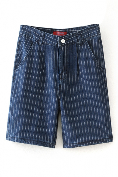 Dark Blue Vertical Stripe Denim Slim Shorts