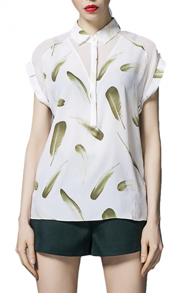 Green Feather Print Cap Sleeve Panel Style Crop Chiffon Shirt
