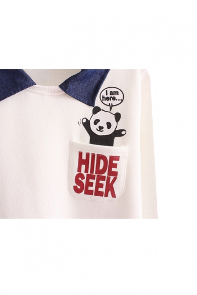 Lapel Cartoon Panda and Letter Print Long Sleeve Sweatshirt with Pocket Front