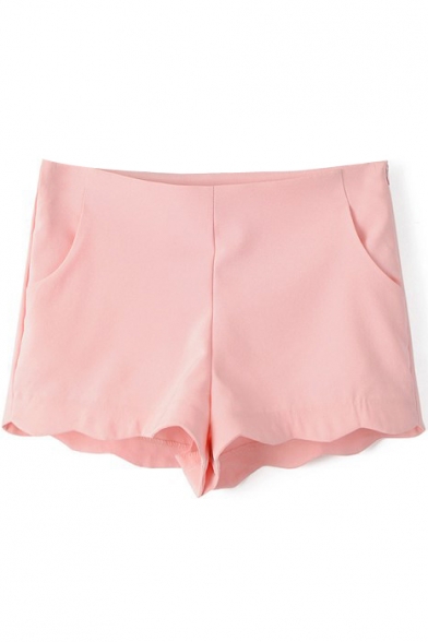 Pink Plain Wave Hem Pocket Zipper Side Shorts