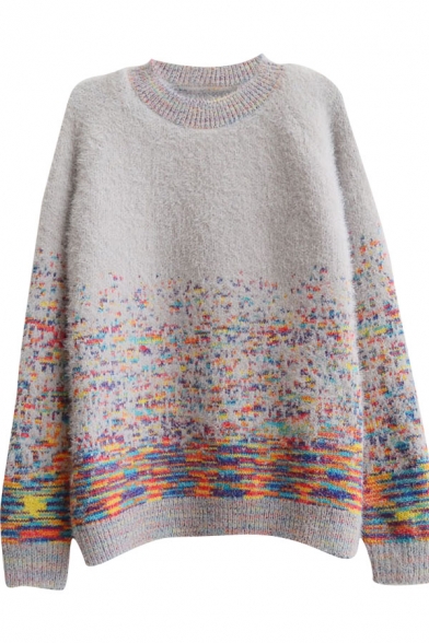 Rainbow Style Colorful Thread Long Sleeve Sweater with Round Neck