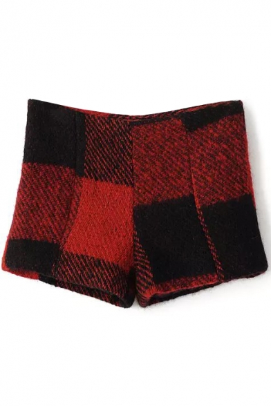 Red&Black Plaid Wool High Waist Shorts