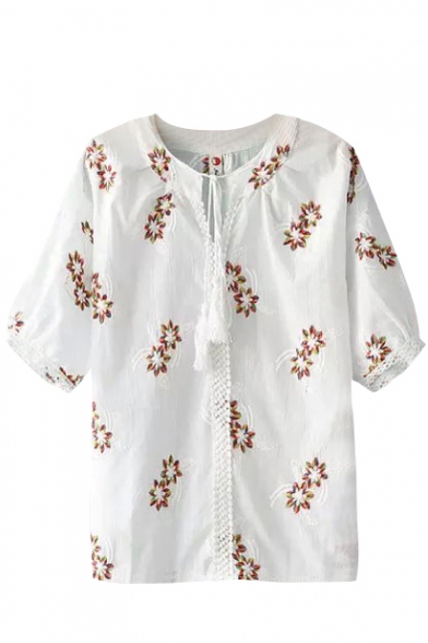 Red Embroidered Floral Tied Front Half Sleeve Top