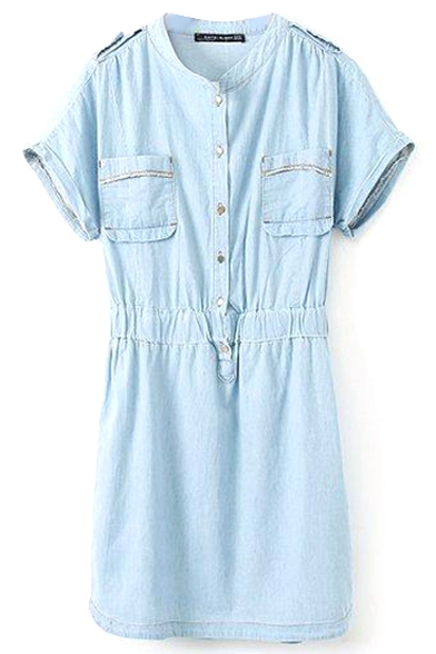 Sky Blue Short Sleeve Stand Collar Buttoned Denim Dress - Beautifulhalo.com