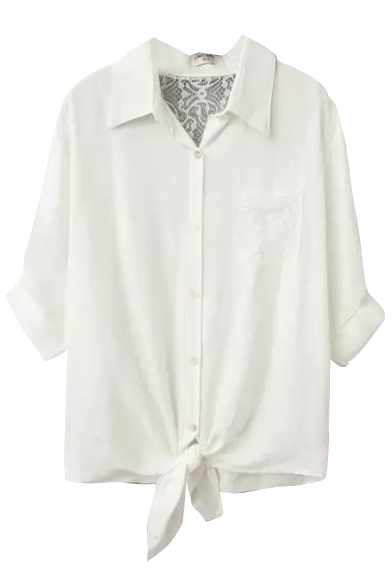 White Lace Insert Half Sleeve Knotted Front Shirt