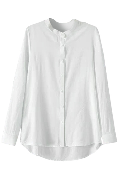 White Long Sleeve Stand Collar Dip Hem Basic Shirt