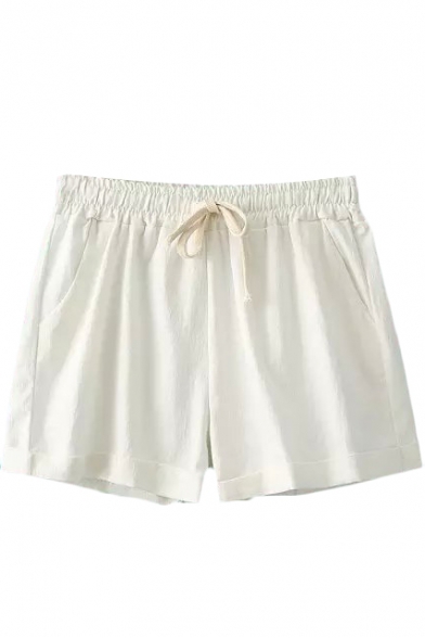 White Plain Drawstring Loose Shorts