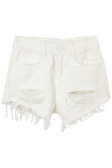 White Plain Rips Distressed Mid Waist Shorts