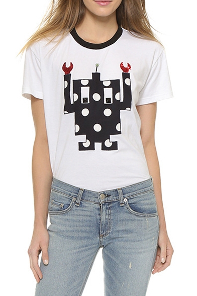 White Short Sleeve Cartoon Robot Print T-Shirt