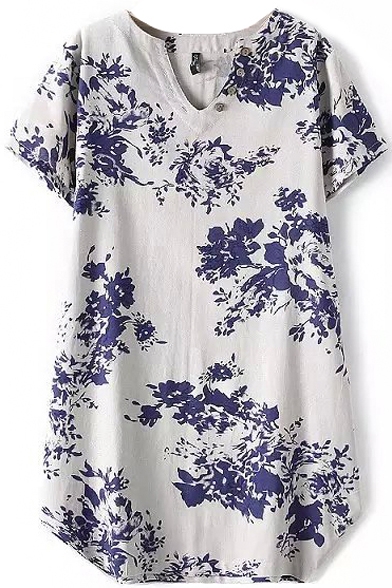 White Short Sleeve V-Neck Blossom Print Vintage Style Dress