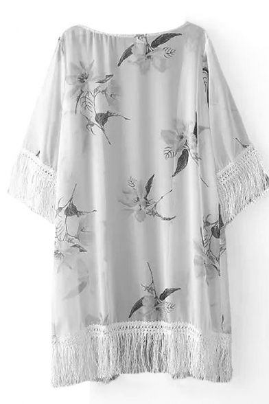 1/2 Sleeve Flora Tassel Trim Chiffon Kimono