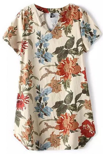 Beige Short Sleeve V-Neck Blossom Print Vintage Style Dress