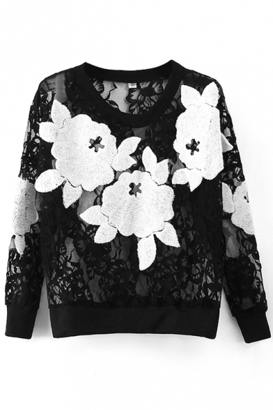 Black Lace Floral Crochet Sheer Long Sleeve Sweatshirt